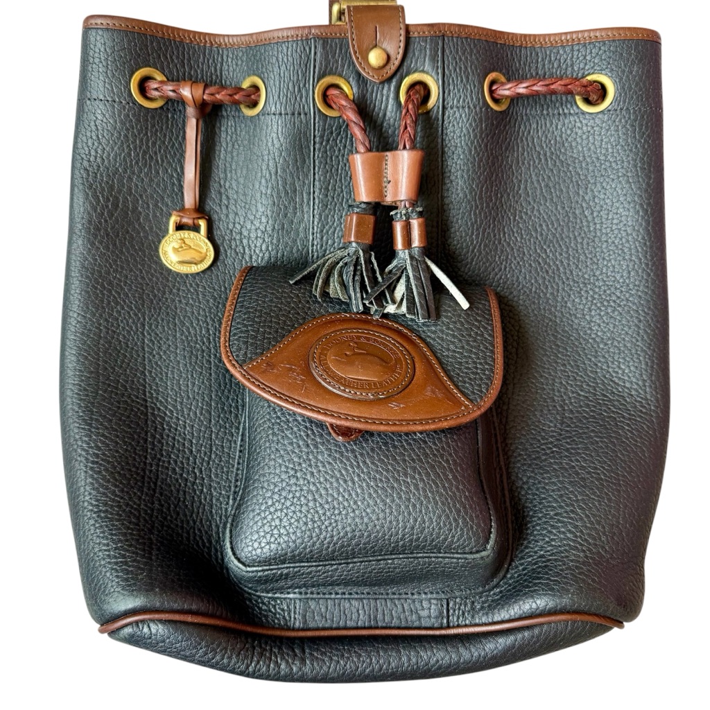 Dooney & Bourke Black Leather Awl Drawstring Close Sling Bucket Bag Vintage